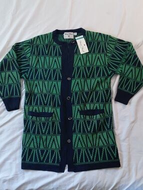 NWT Vintage Susan Small Knit Navy Blue Kelly Green Geometric Longline Cardigan M